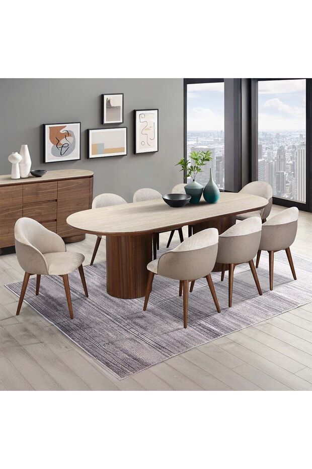 Austria 1 + 8 Seater Dining Set - Natural Walnut/Beige