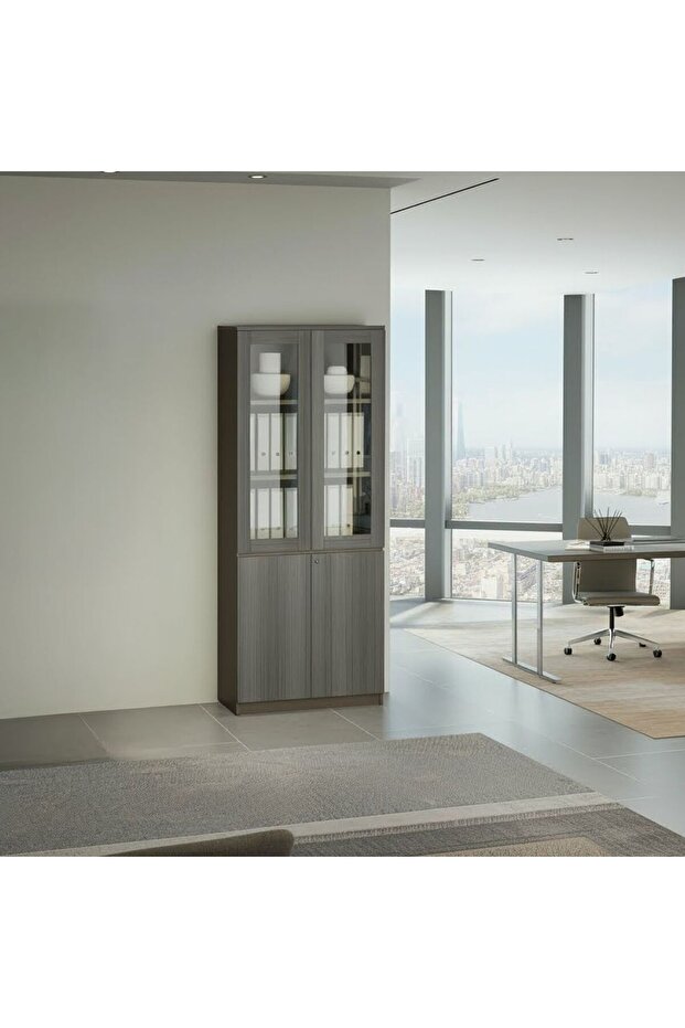 Eupen 4-Door Bookcase in Grey - Solid & Engineered Wood, 3 Shelves, 5-Year Warranty, 80x40x200cm