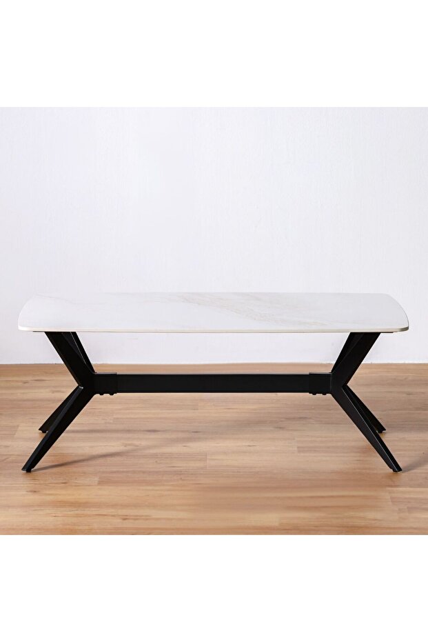 Calus Center Table - Sintered Stone Milky White & Black, Metal & Engineered Board, 120x60x45cm