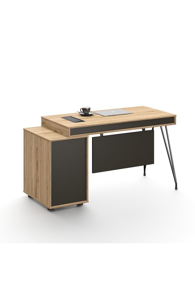 Haslev Office Desk - Antique Oak Finish, 5-Year Warranty, Stylish & Durable with Drawer & Cabinet