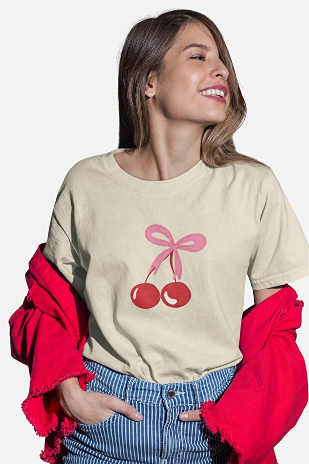 Women's Kudele Cherry2 Transfer Printed Round Neck Short Sleeve T-Shirt