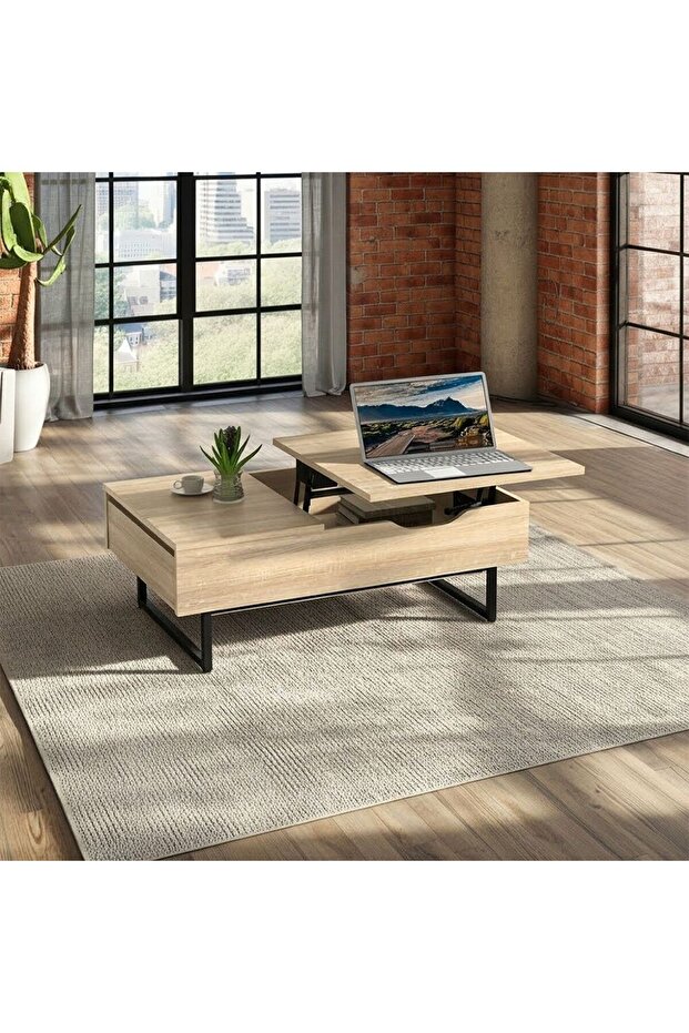 Coastal Lift Top Coffee Table with Drawer - Sonoma Oak/Black, Engineered Wood, Multi Color