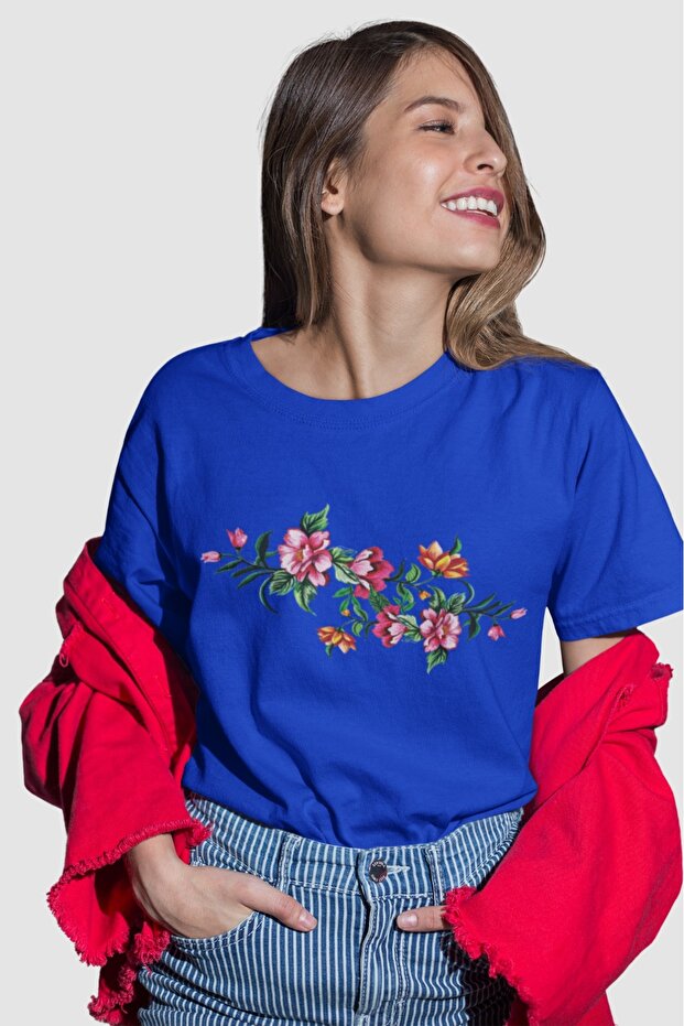 Women's Medium Flower5 Transfer Printed Round Neck Short Sleeve T-Shirt