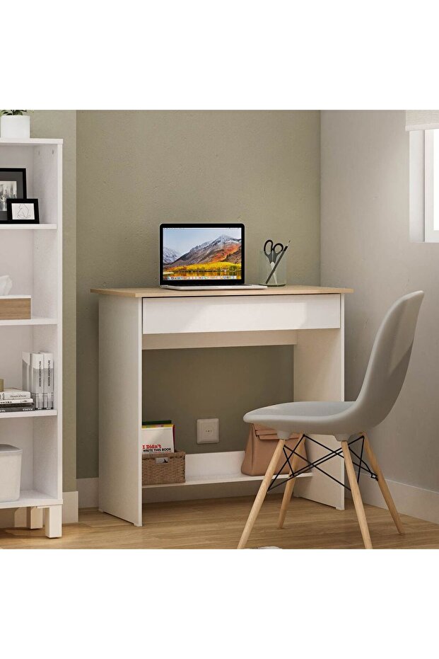 Algeira Office Desk with Drawer & Shelf - White/Oak L80xW39.6xH75cm