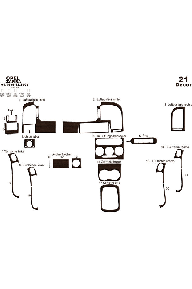 Opel Zafira Dashboard Trim 1999-2005 21 Pieces