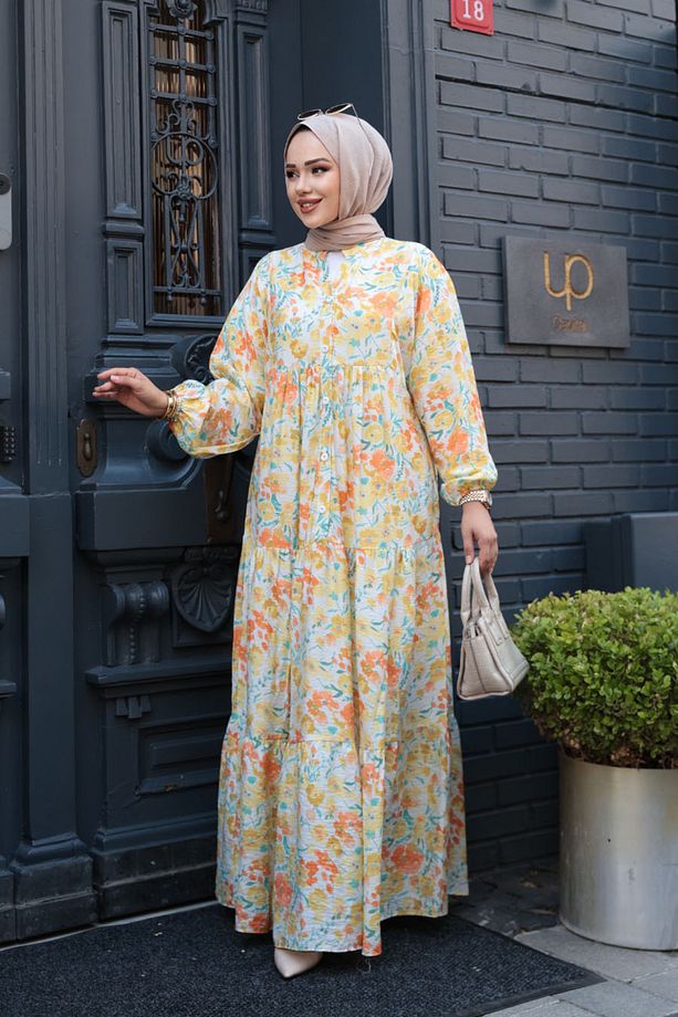 Çiçek Desenli Sarı Tesettür Elbise 19034SR - 4