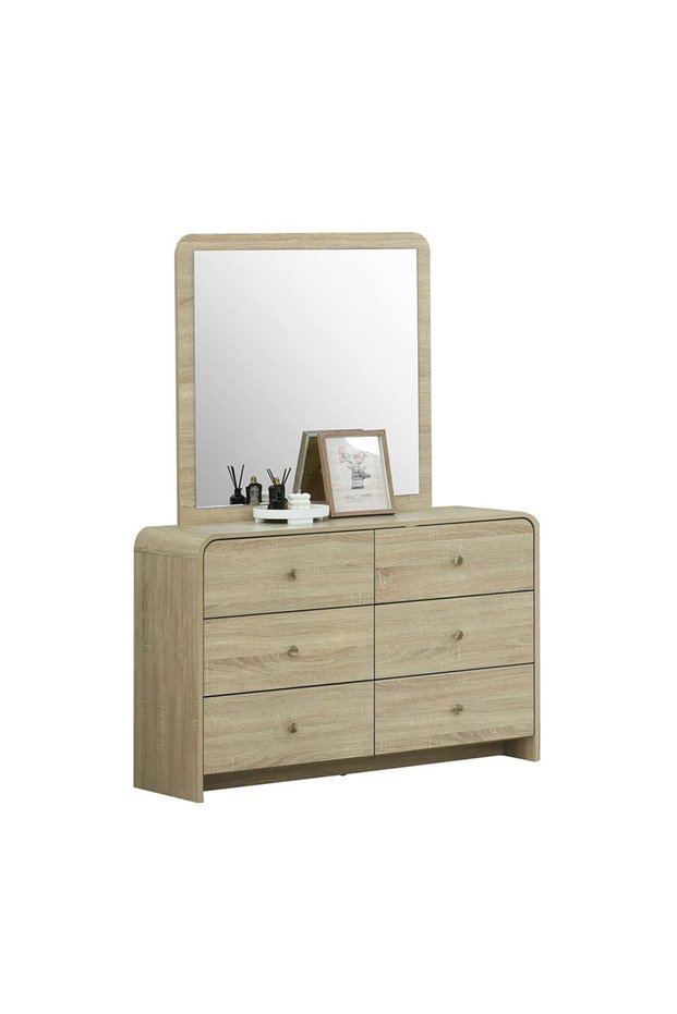 Monro 6 Drawer Dresser with Mirror - Natural Oak Finish, Engineered Wood, Stylish Bedroom Storage
