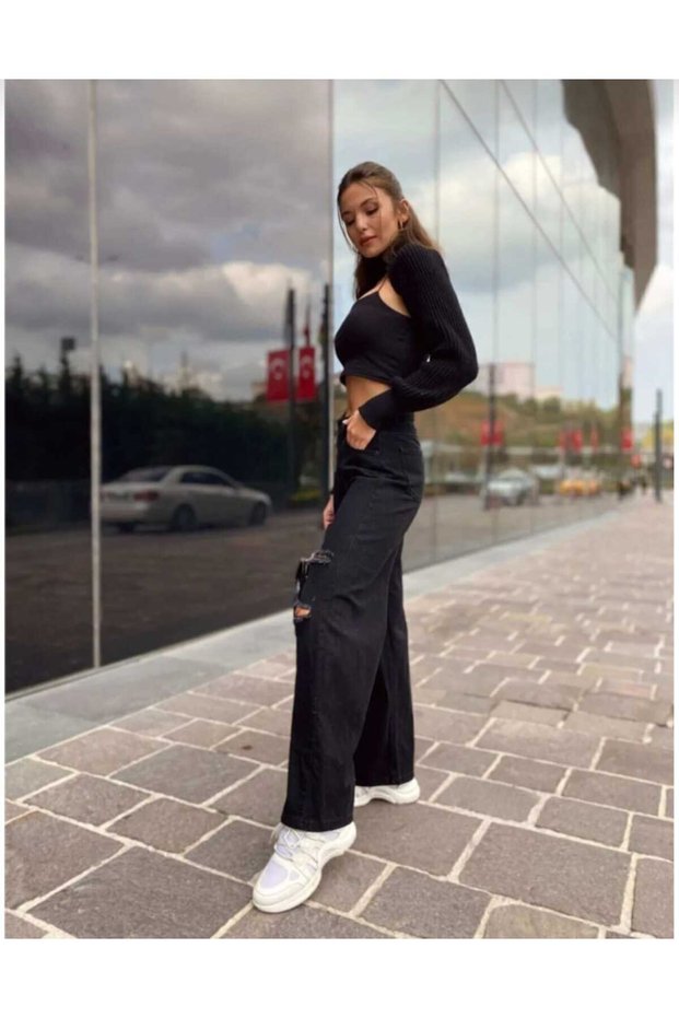 Black Ripped Extra High Waist Lycra Wide Leg Palazzo Jean Trousers