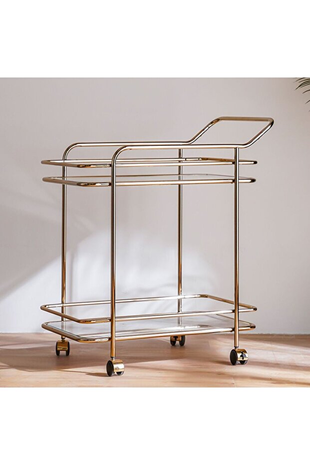 Hartin 2-Tier Serving Trolley - Champagne Metal & Tempered Glass - Elegant Design, 2-Year Warranty