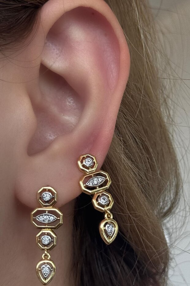 Gold Color Stone Detailed Ysx Earrings (Pair)
