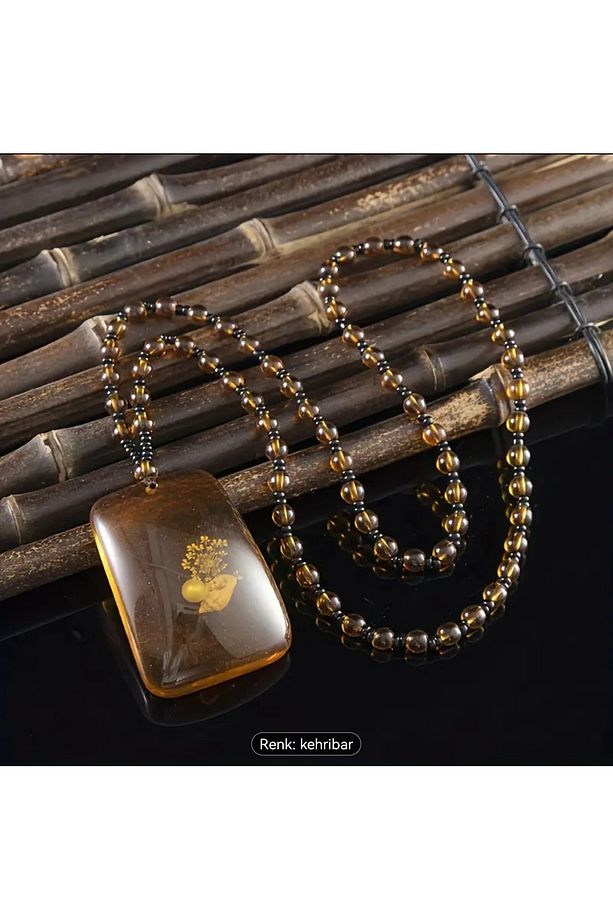YUNNAN Unisex için çiçek desenli Amber Kare Reçine Kolye ile Vintage ve Boho Tarzı - 5