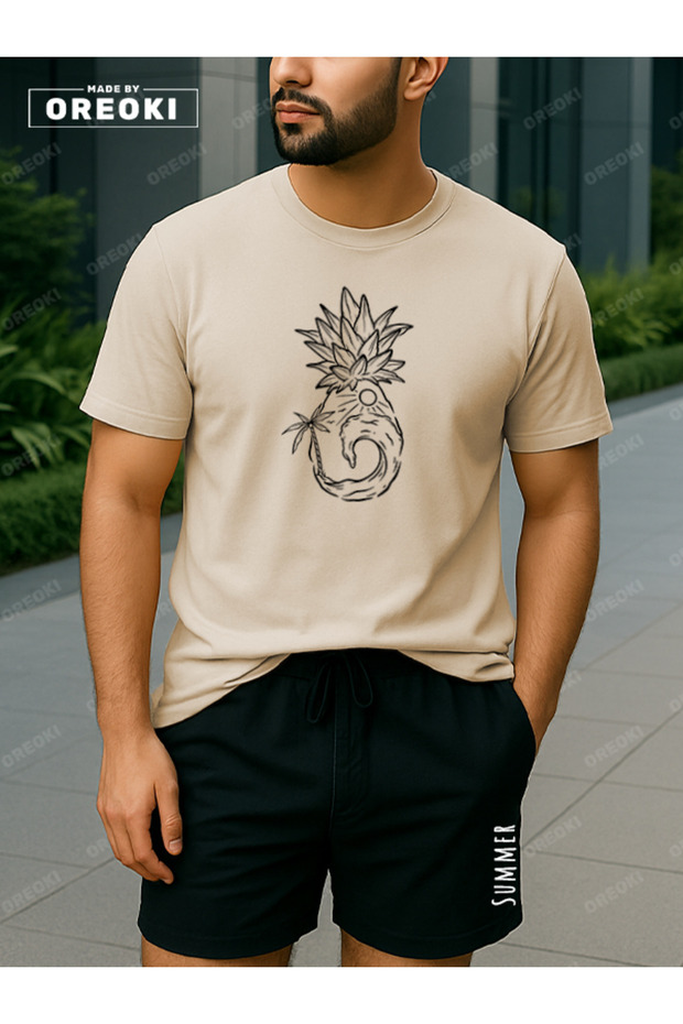 Orki Summer Pineapple Men's Summer Shorts Set – Tropical Printed Beige T-Shirt & Black Shorts