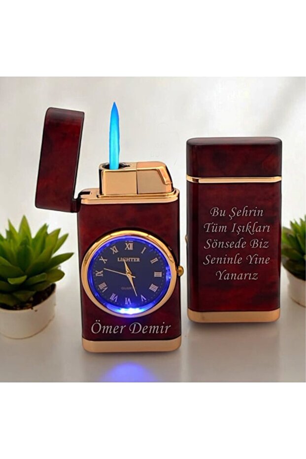 İsme Özel Turbo Jet Işıklı Saatli Çakmak Çift Yön Baskı - 1
