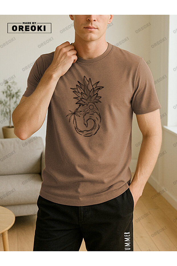 Orki Summer Pineapple Men's Summer Shorts Set – Tropical Printed Light Brown T-Shirt & Black Shorts