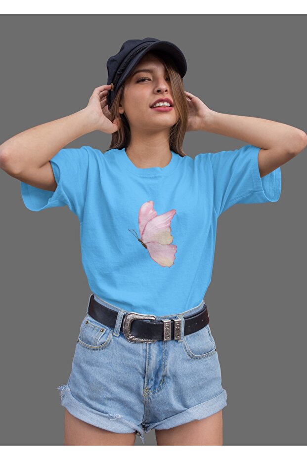 Women's Medium Butterfly Transfer Printed Round Neck Short Sleeve T-Shirt