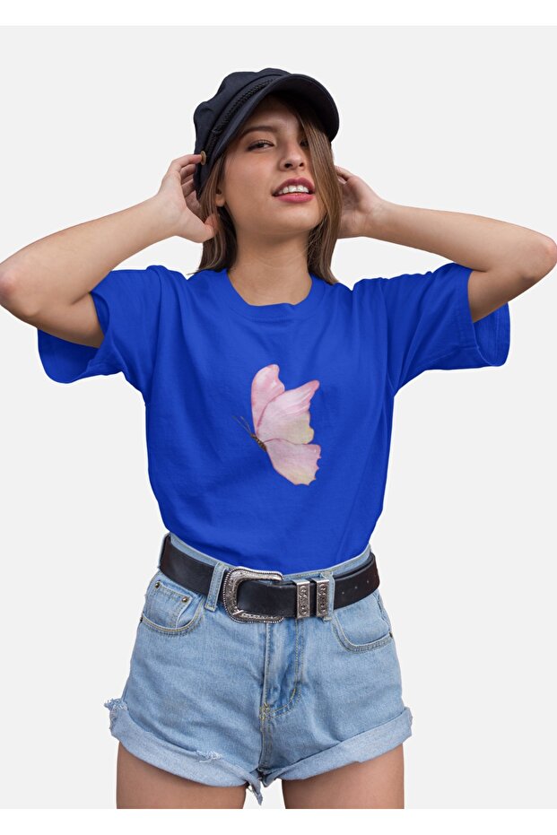 Women's Medium Butterfly Transfer Printed Round Neck Short Sleeve T-Shirt