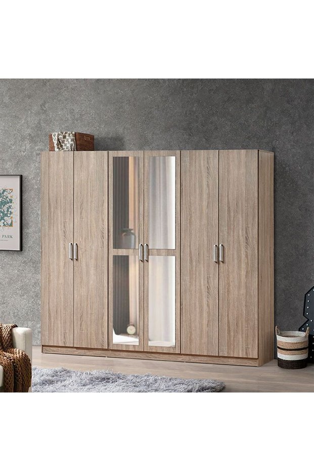 Supreme 6 Door Wardrobe with Mirror - French Sonoma Oak L240xW52xH209cm