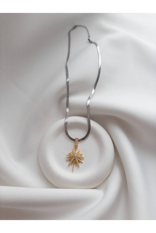 Steel Italian Crushed Chain Pole Star Stone Detailed Necklace