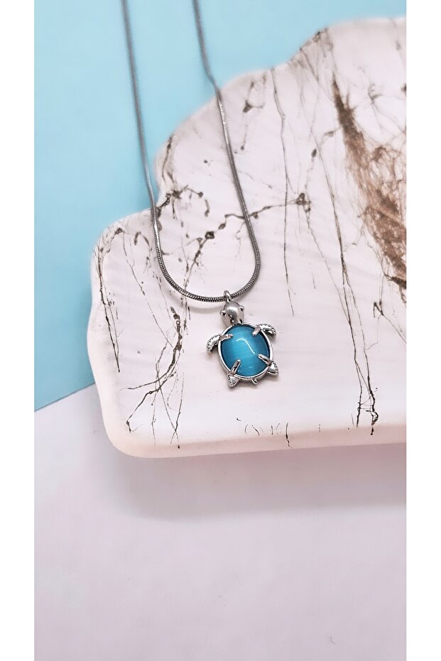Opal Taşlı Kaplumbağa Çelik Kolye - 4