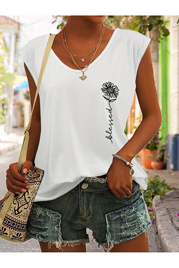Blessed Written Flower Printed Women's Oversize Sleeveless T-Shirt