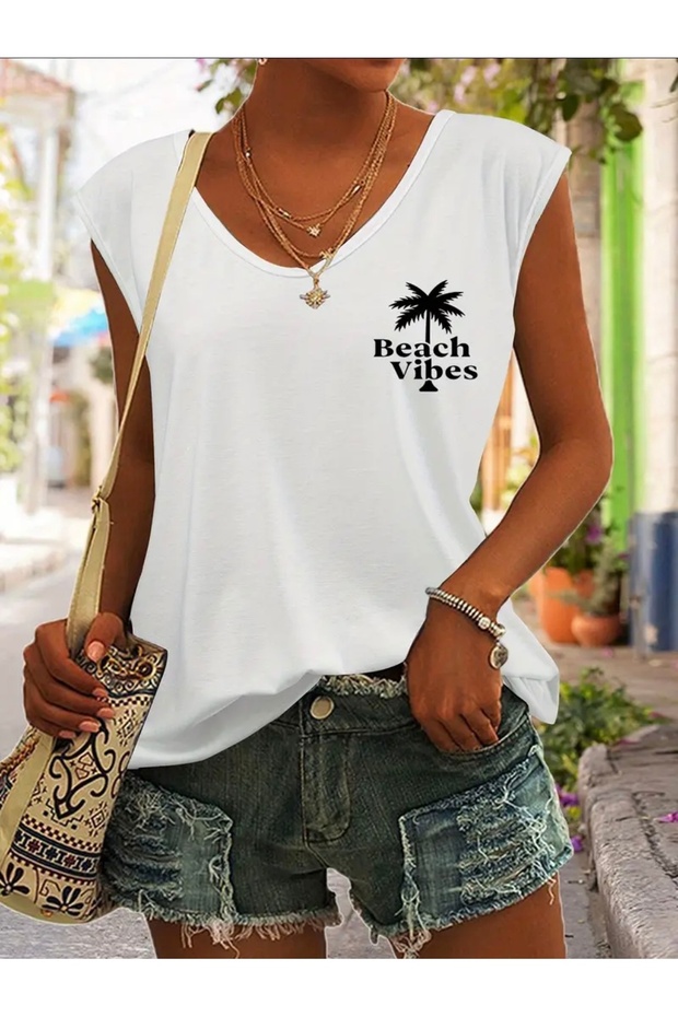 Beach Vibes Printed Women's Oversize Sleeveless T-Shirt