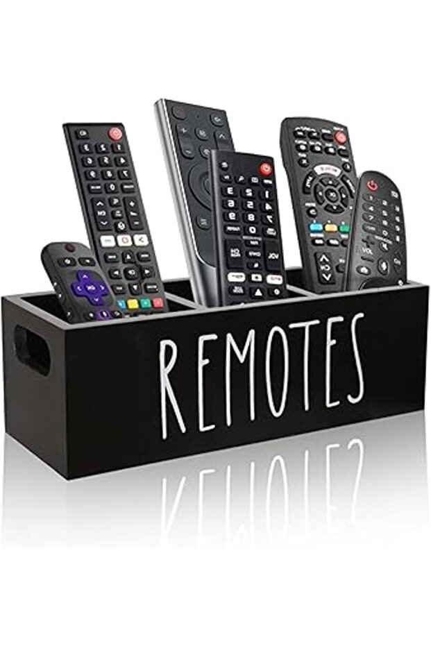 Remote Control Holder – Rustic 3-Cell Wood Caddy for TV Remotes & Media, Bedside Organizer (Black)