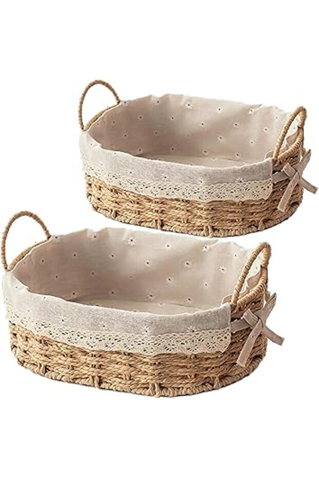 2-Pack Oval Woven Storage Baskets – Straw Rattan Bins with Handle & Washable Liner for Organizing