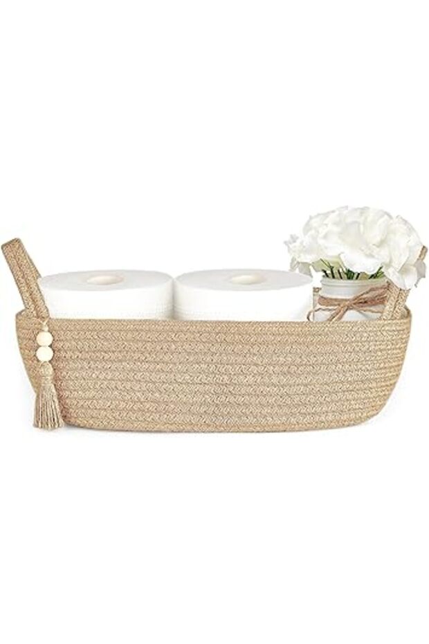 Small Boho Storage Basket for Toilet Tank Top – Jute Rope Tray for Bathroom, Shelf & Bedroom, 13"x6"