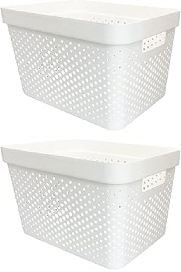 2 Pack - White Basket Laundry Pantry Cupboard Storage Organizer Box Bin (Large)