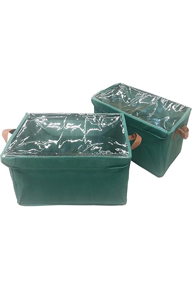 2-Pack Green Collapsible Storage Bins with Lids & Handles – 47×28cm Closet & Shelf Organizers