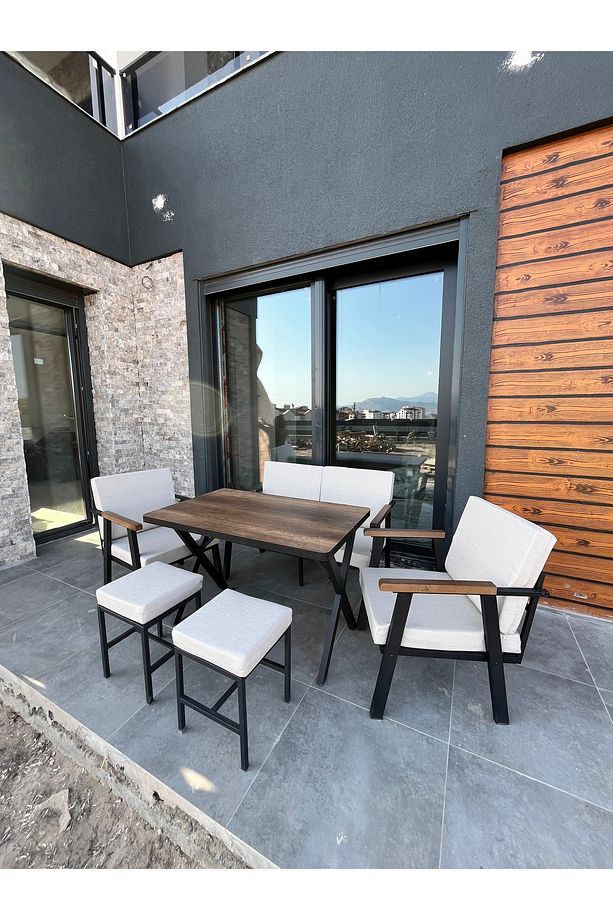 KREM 2+1+1+MASA +2 ADET PUF BALKON TAKIMI BAHÇE TAKIMI OTURMA GRUBU MASA SETİ BAHÇE TAKIMI - 3