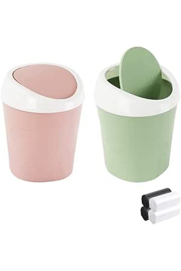 Mini Countertop Wastebasket with Lid and 120 Bags, Pressure Top Design, Small Trash Bin (Green+Pink)