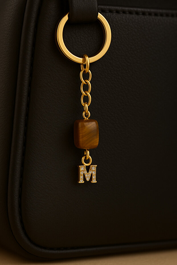 Gold Color Stone m Letter Tiger Eye Keychain Charm