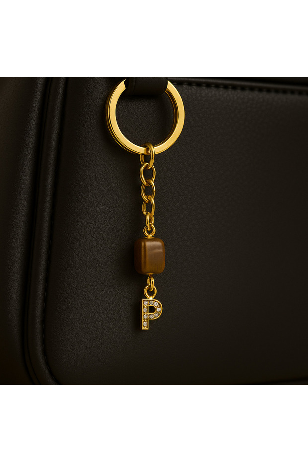 Gold Color Stone P Letter Tiger Eye Keychain Charm