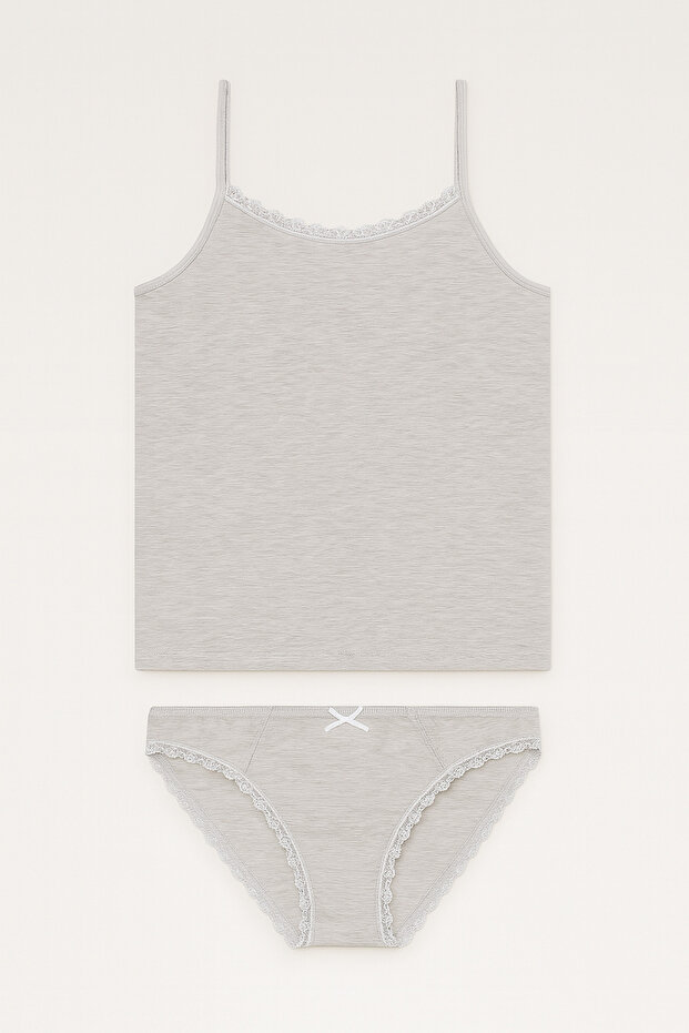 Women's Light Gray Melange Lycra Cotton String Strap Tank Top Slip Panties Set L3İ5K1L2Ekk