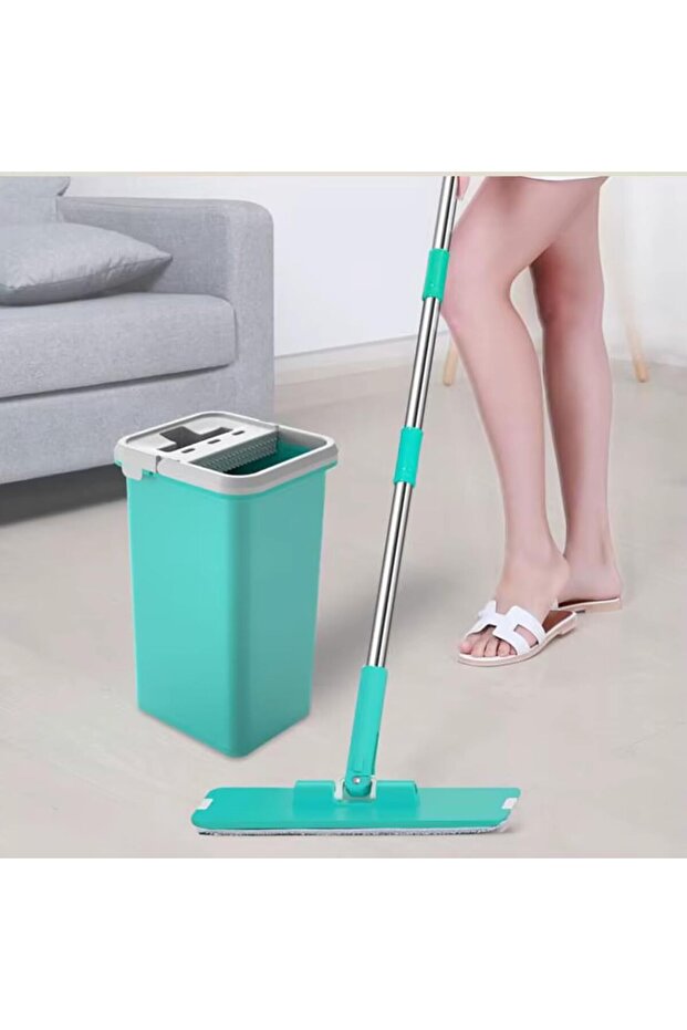 AKC Flat Squeeze Mop and Bucket – Hand-Free Self-Washing Microfiber Flat Mop for Wet & Dry Cleanin