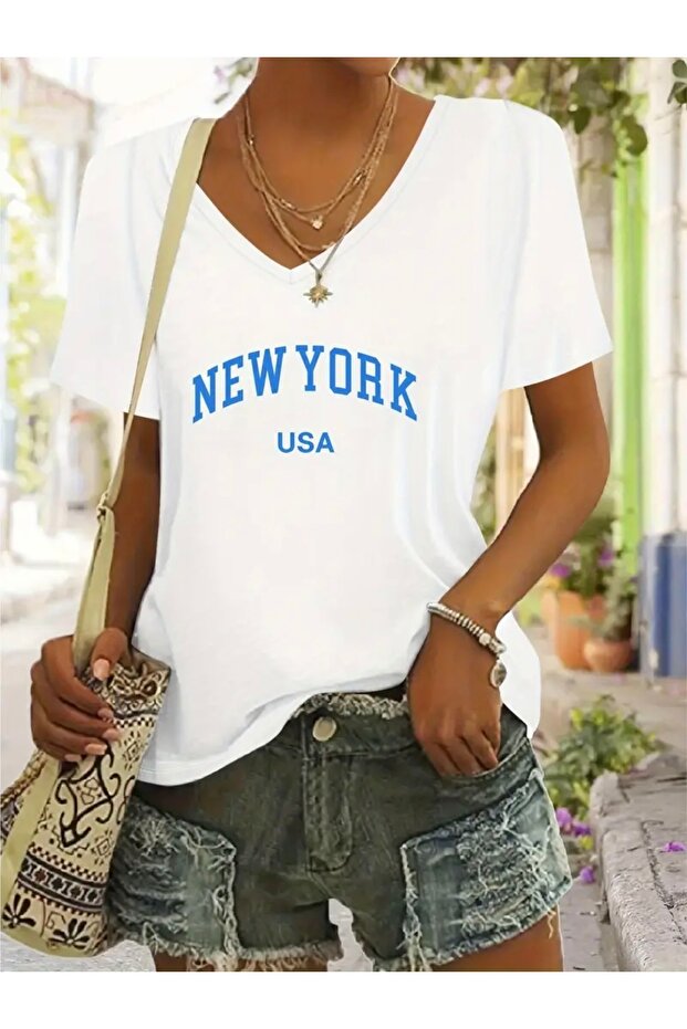 New York Printed Women's Oversize V-Neck T-Shirt
