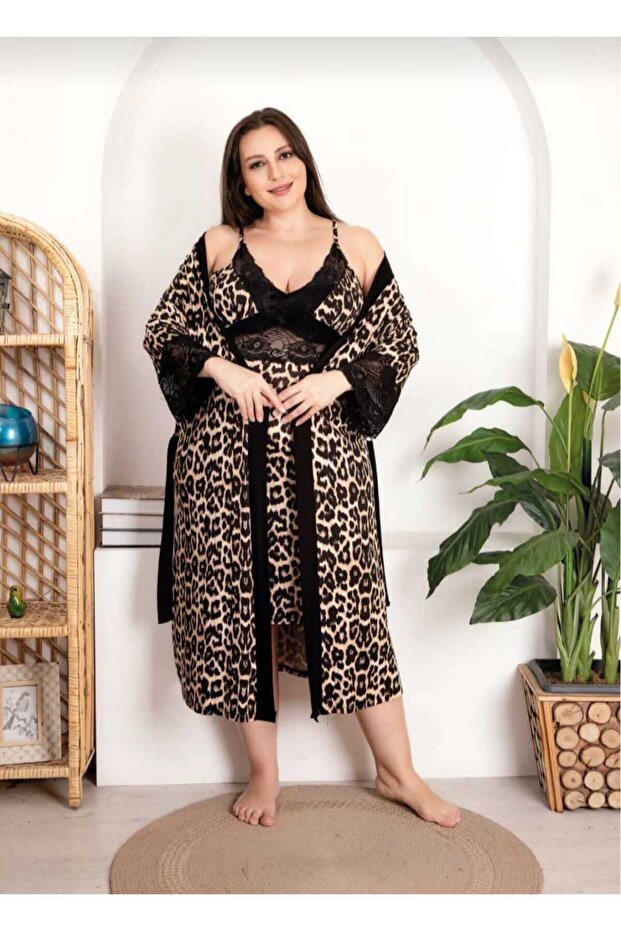 Women's Plus Size Curve Lycra Combed Cotton 2-Piece Dressing Gown Nightwear Set