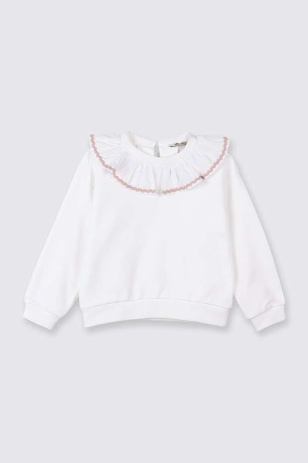 Baby Girl Ruffle Collar Detailed Water Stone Detailed White Sweatshirt