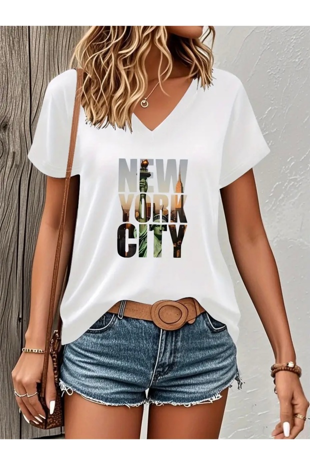 New York City Printed Women's Oversize V-Neck T-Shirt