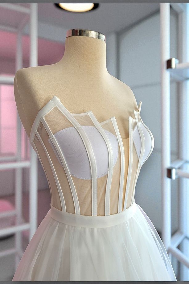 Transparan Basamak Yaka Maxi Boy Hazır Boş Tül Abiye ve Nikah Elbisesi - 5
