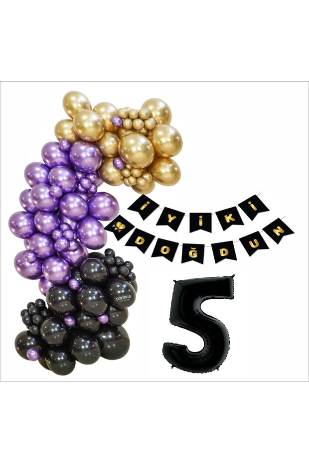 5 Years Old Black, Gold, Purple Balloon+Banner Set