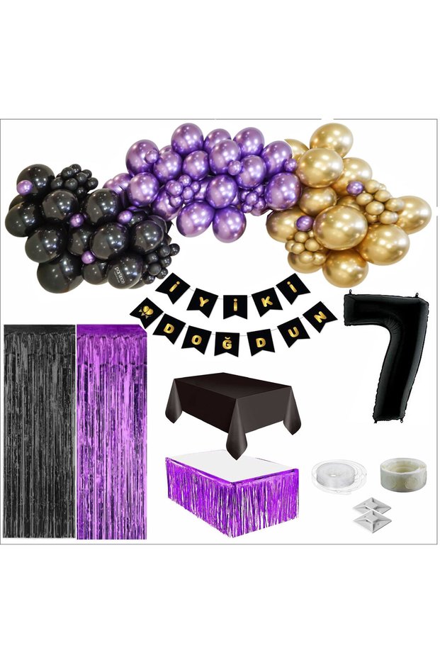 7 Year Old Black, Gold, Purple Balloon, Black-Gold Birthday Set