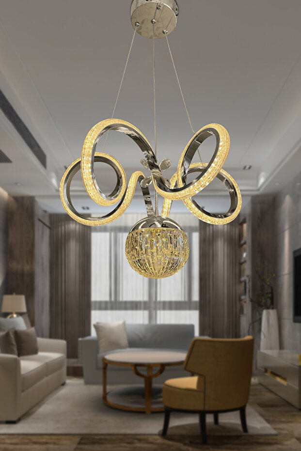 Kıvrım Tekli Kristal Top Simli Slikonlu Modern Oturma Led Avizesi Kumandasız Krom - 5