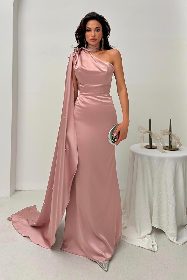 Powder One Shoulder Shawl Detailed Asymmetrical Satin Evening Dress