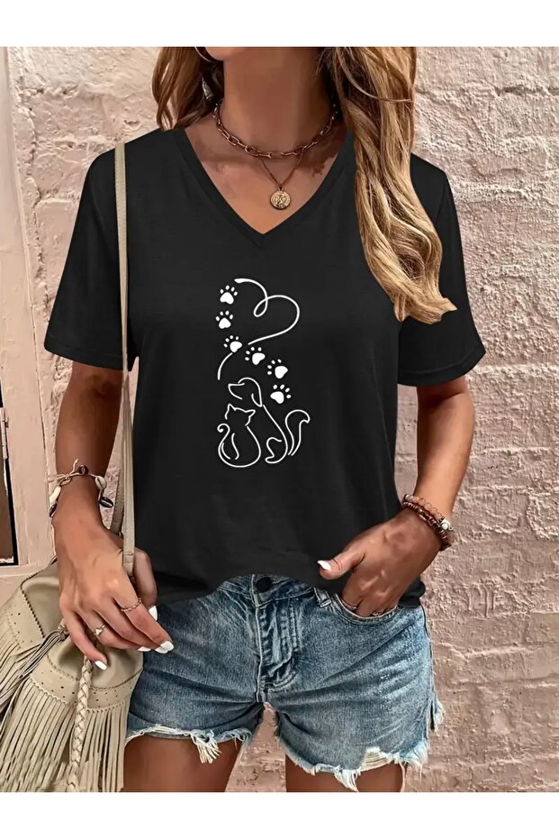 Cat&Dog Printed Women's Oversize V-Neck T-Shirt
