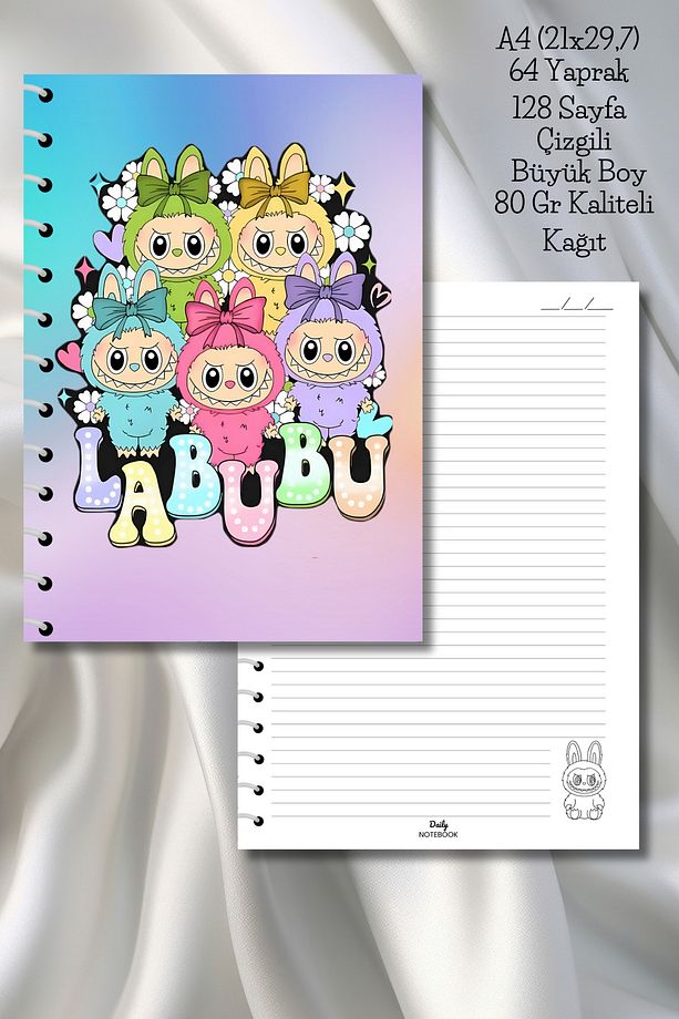 LABUBU Çizgili Okul Defteri,64 Yaprak/128 Sayfa Spiralli A4 Büyük Boy (21X29,7 CM) Boyutunda - 1