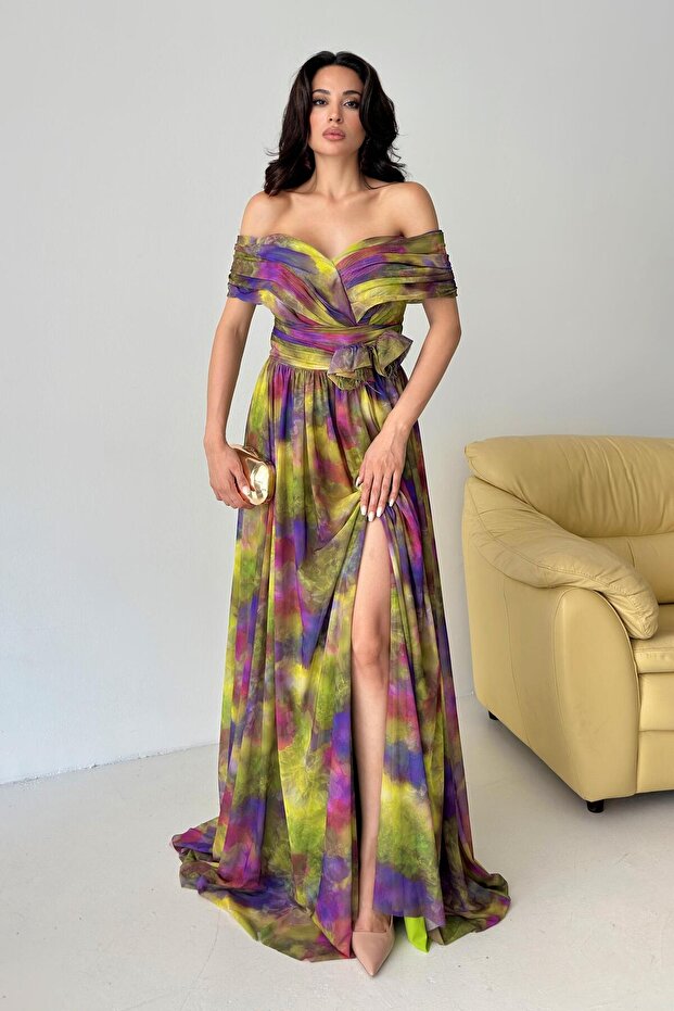 Green Boat Neck Patterned Tulle Evening Dress