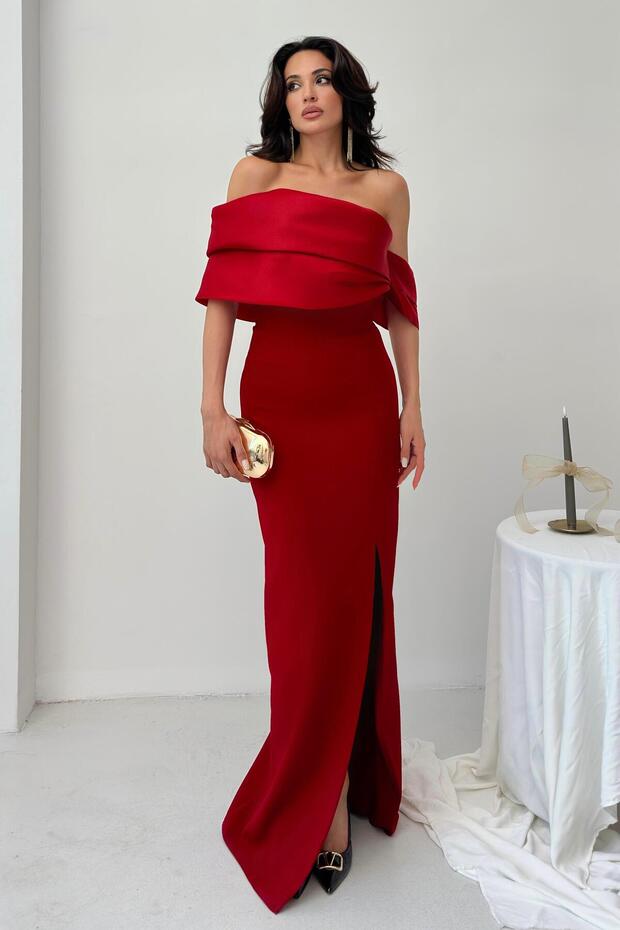 Red Collar Detail Slit Evening Dress