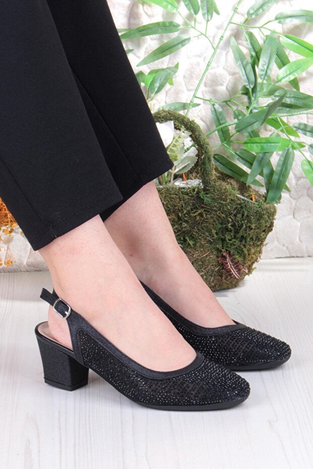 86004 Nur Lace Stone Detailed Open Back Low Heeled Women's Shoes